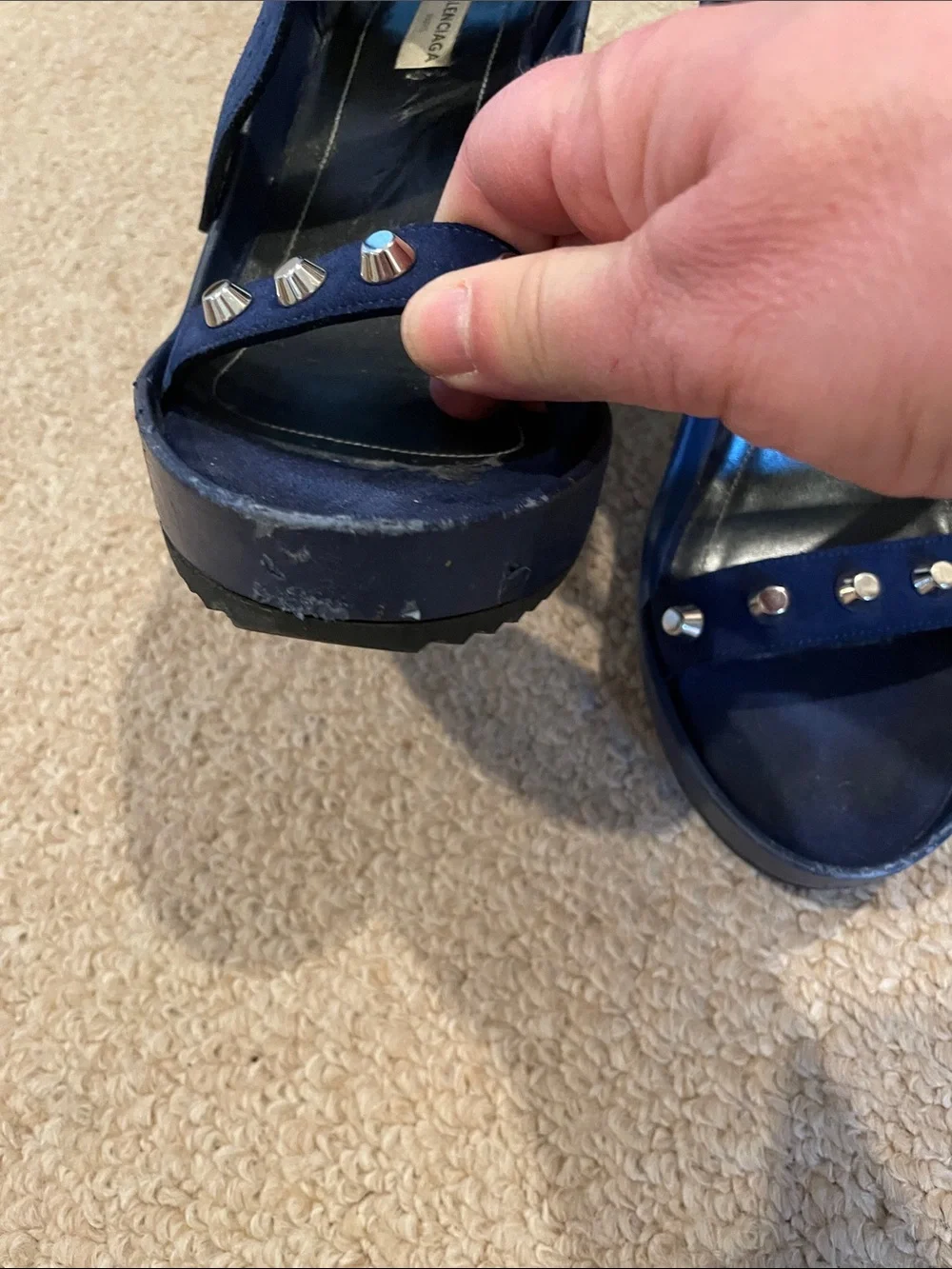 Balenciaga Women’s Navy Studded Block Heel Sandals - Picture 2 of 9